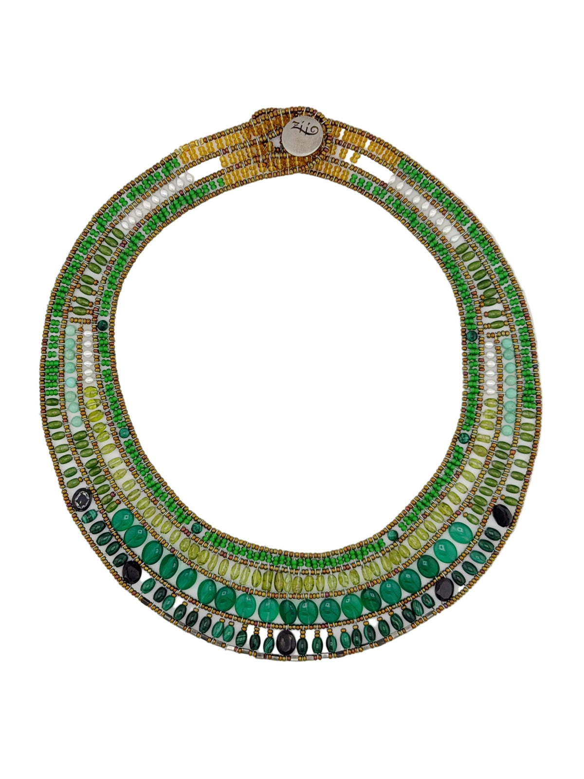 Trebor Style Ziio Fenice collar necklace featuring green gemstones, Murano glass beads, and sterling silver closure.