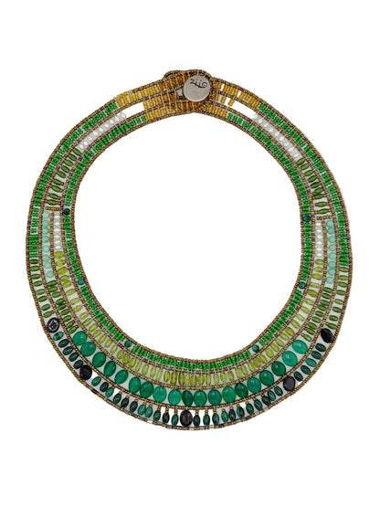 Trebor Style Ziio Fenice collar necklace featuring green gemstones, Murano glass beads, and sterling silver closure.