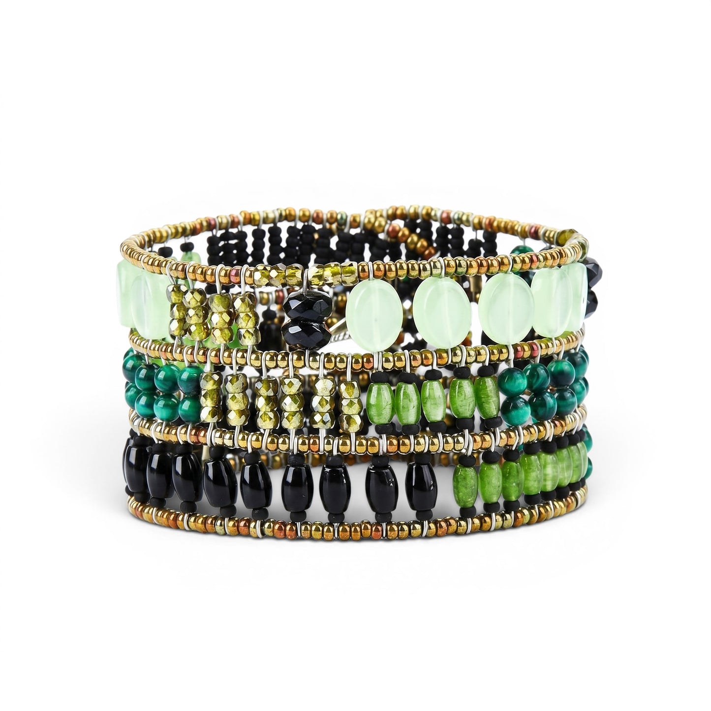 Trebor Style Ziio wide cuff bracelet featuring green chrysoprase, malachite, jade, onyx, and black Murano glass beads.