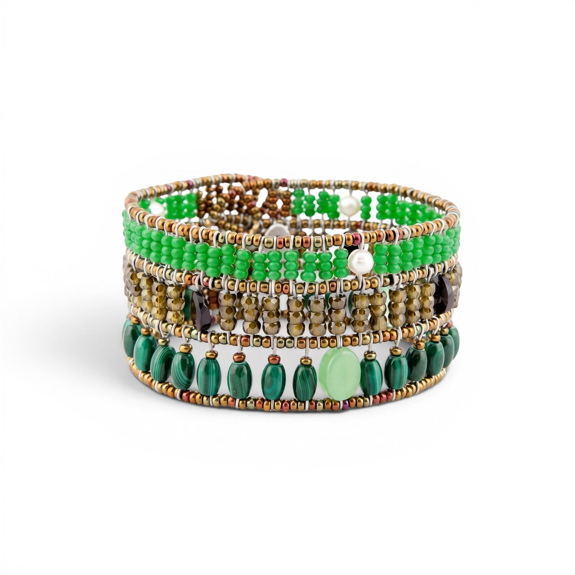 Trebor Style Ziio Fenice cuff bracelet featuring green malachite, chrysoprase, zircon, spinel, and pearls on wire.