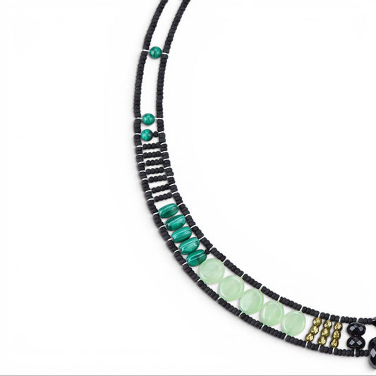 Trebor Style Ziio Giro necklace featuring malachite, chrysoprase, green zircon, and black tourmaline beads on wire.