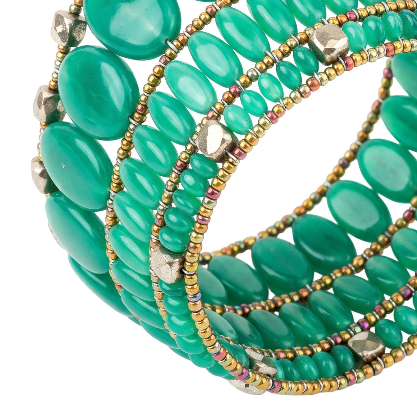 Trebor Style Ziio Ovale cuff bracelet featuring vibrant green onyx gemstones, pyrite beads, and Murano glass accents.