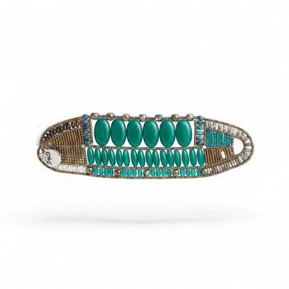 Trebor Style Ziio Ovale cuff bracelet featuring vibrant green onyx gemstones, pyrite beads, and Murano glass accents.