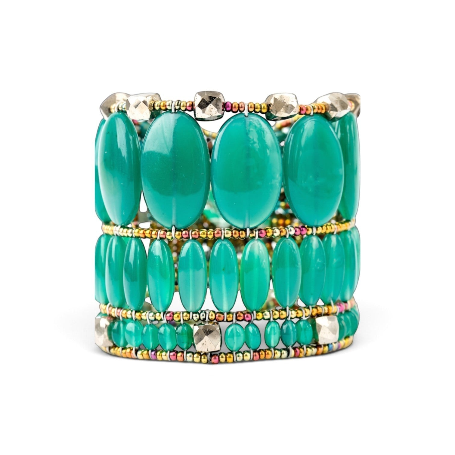 Trebor Style Ziio cuff bracelet featuring vibrant oval green onyx gemstones, pyrite beads, and Murano glass accents.