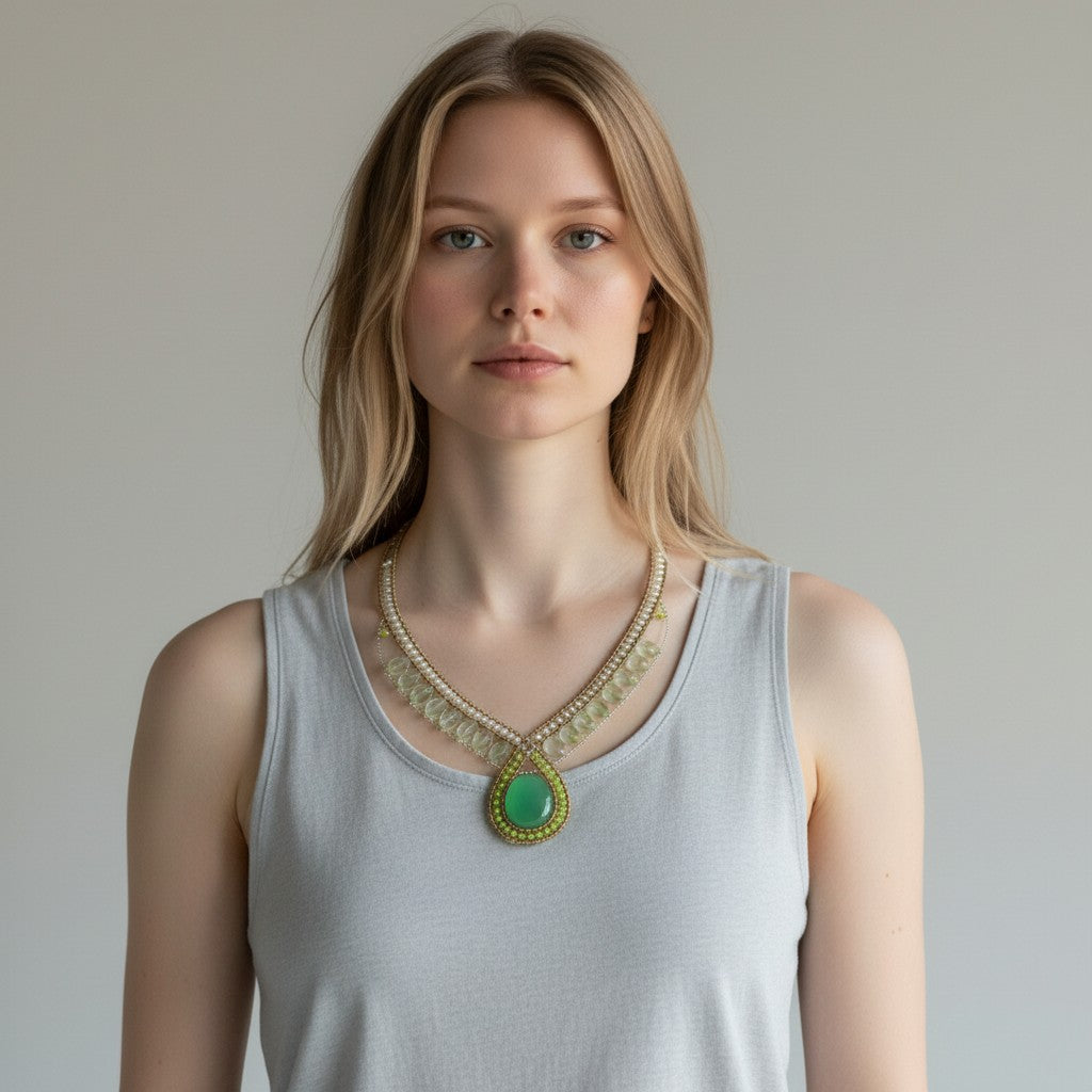 Trebor Style Ziio statement necklace featuring a green onyx cabochon, peridot, fluorite, and pearls on a model.
