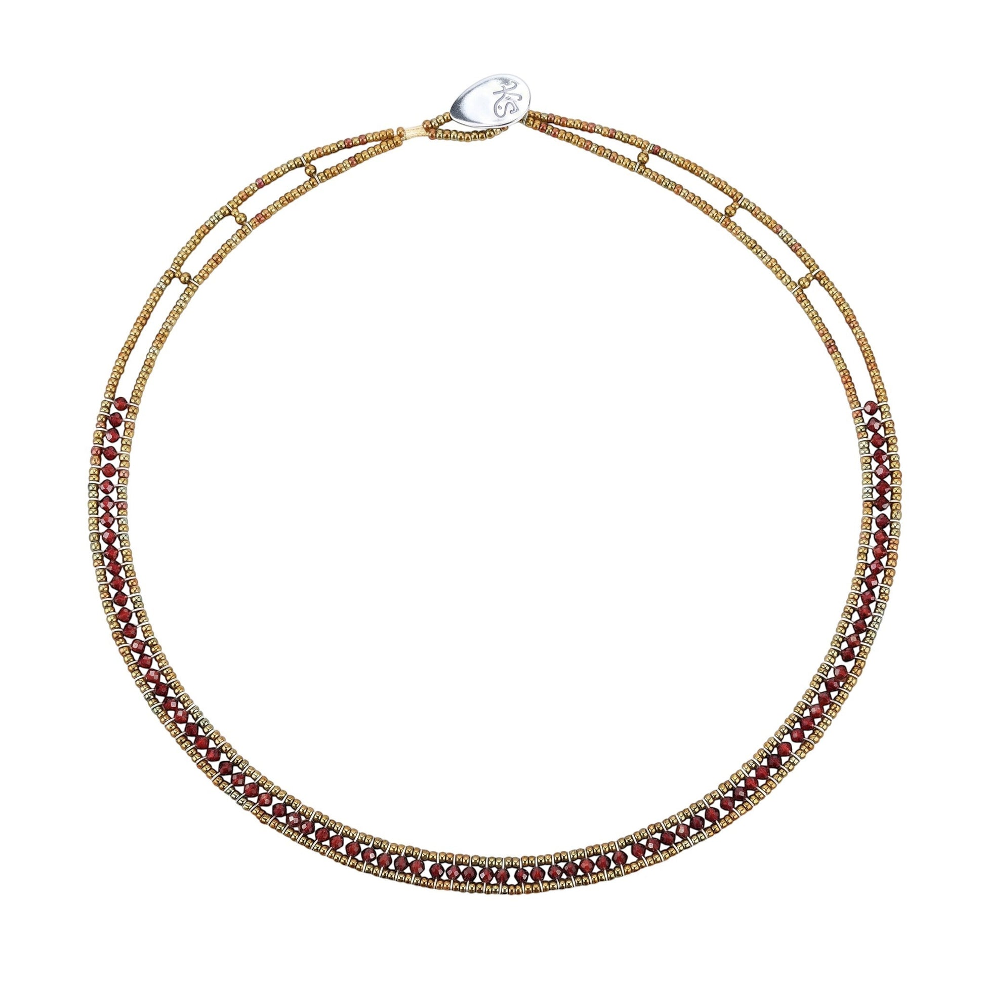 Trebor Style Ziio narrow Giro necklace featuring sparkling hunter green zircon gemstones and Murano glass seed beads.