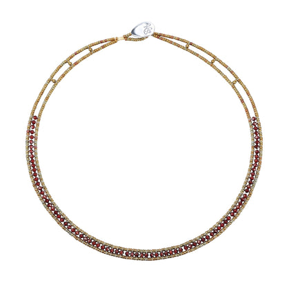 Trebor Style Ziio narrow Giro necklace featuring sparkling hunter green zircon gemstones and Murano glass seed beads.