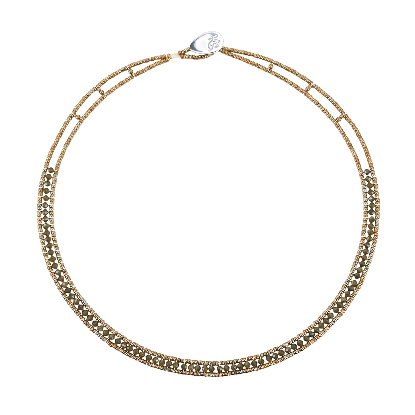 Trebor Style Ziio narrow Giro necklace featuring hunter green zircon gemstones, Murano glass beads, and silver closure.