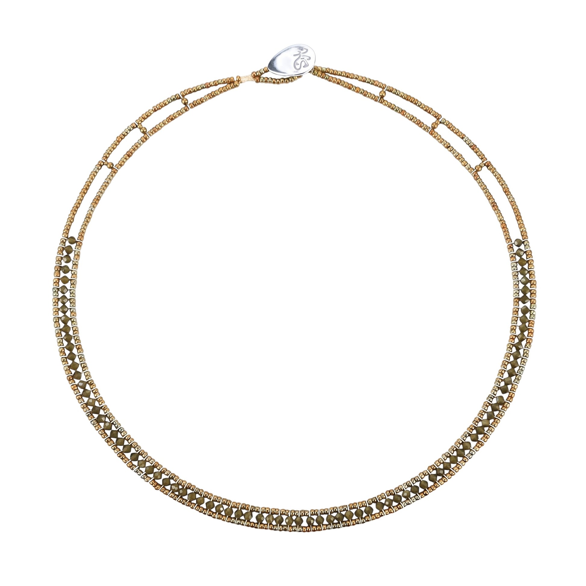 Trebor Style Ziio narrow Giro necklace featuring hunter green zircon gemstones, Murano glass beads, and silver closure.