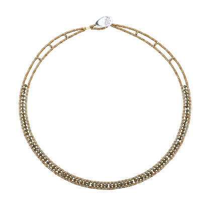Trebor Style Ziio narrow Giro necklace featuring hunter green zircon gemstones, Murano glass beads, and silver closure.