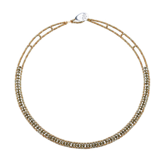 Trebor Style Ziio narrow Giro necklace featuring hunter green zircon gemstones, Murano glass beads, and silver closure.
