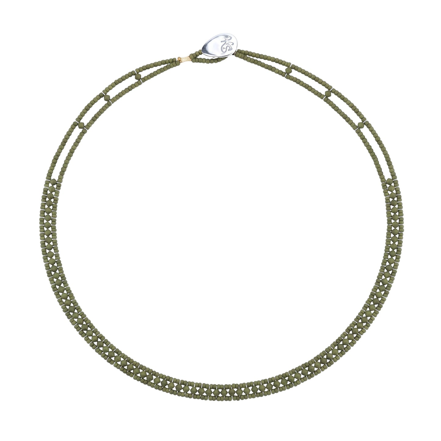 Trebor Style Ziio narrow Giro necklace featuring hunter green zircon gemstones, Murano glass beads, and silver closure.