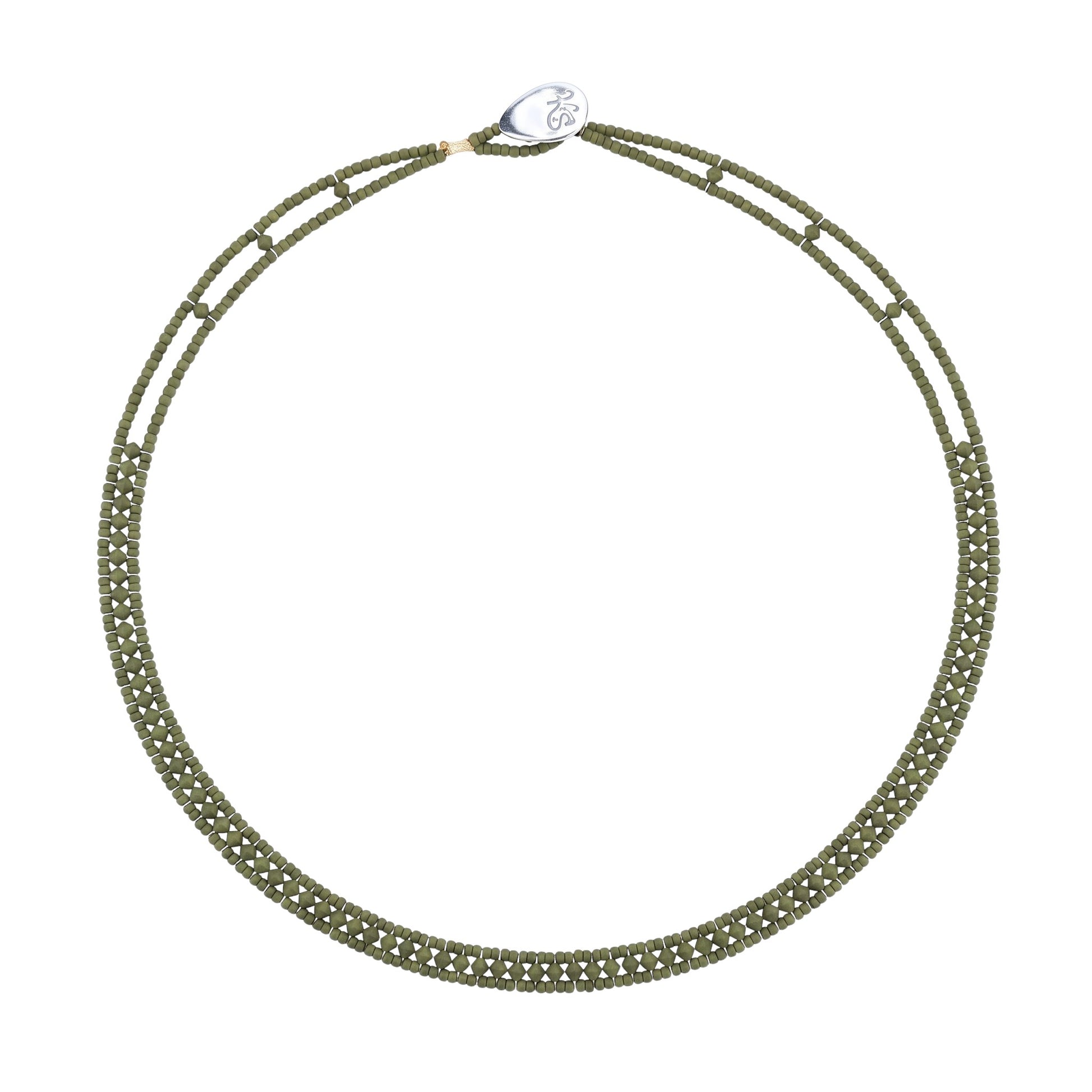 Trebor Style Ziio narrow Giro necklace featuring hunter green zircon gemstones, Murano glass beads, and silver closure.
