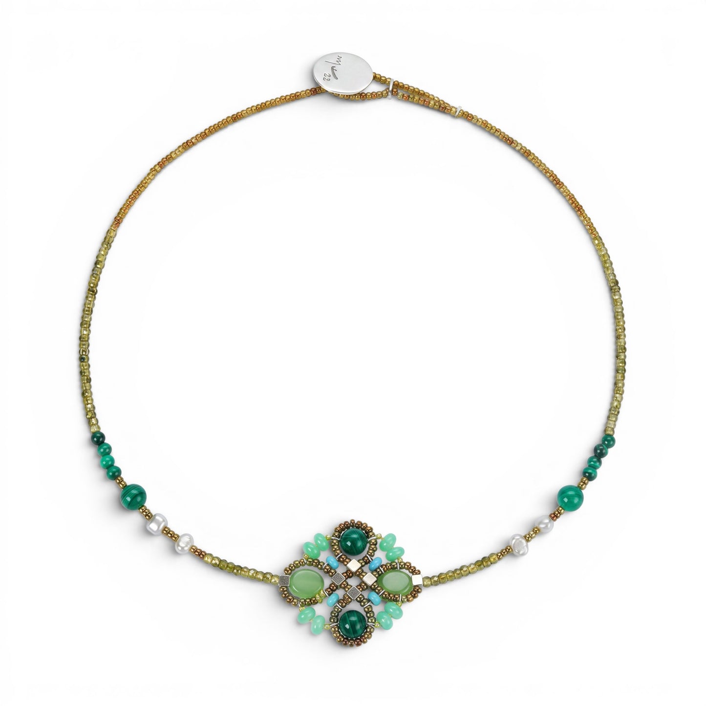 Trebor Style Ziio Knott necklace featuring green malachite, chrysoprase, and zircon gemstones with Murano glass beads.