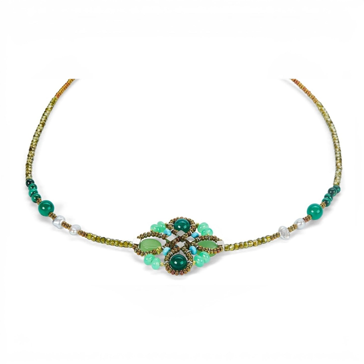 Trebor Style Ziio Knott necklace featuring a green malachite and chrysoprase flower pendant with Murano glass seed beads.