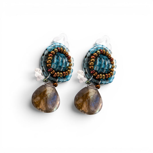 Trebor Style Ziio azure blue and golden Murano glass beaded button earrings with faceted labradorite gemstone drops.