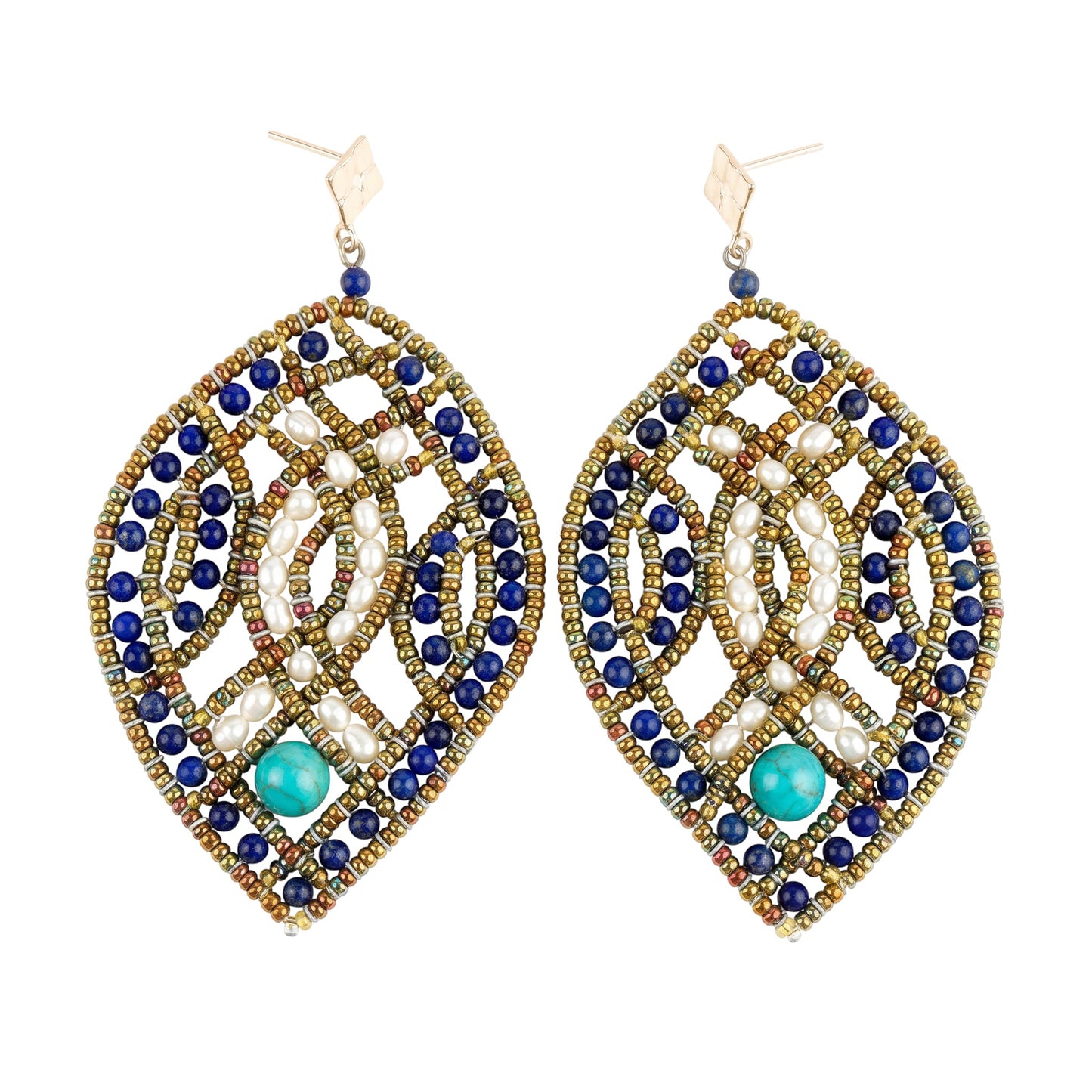 Trebor Style Ziio chandelier earrings featuring lapis, white pearls, and turquoise beads in a handcrafted lattice design.