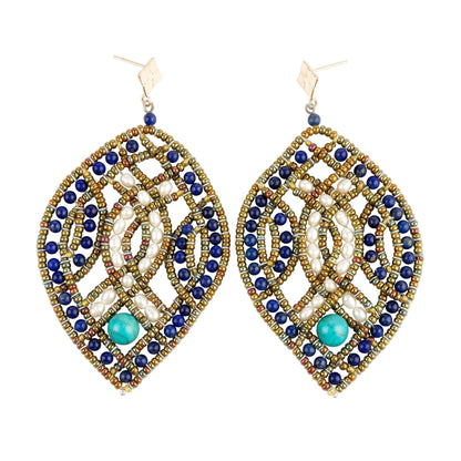 Trebor Style Ziio chandelier earrings featuring lapis, white pearls, and turquoise beads in a handcrafted lattice design.