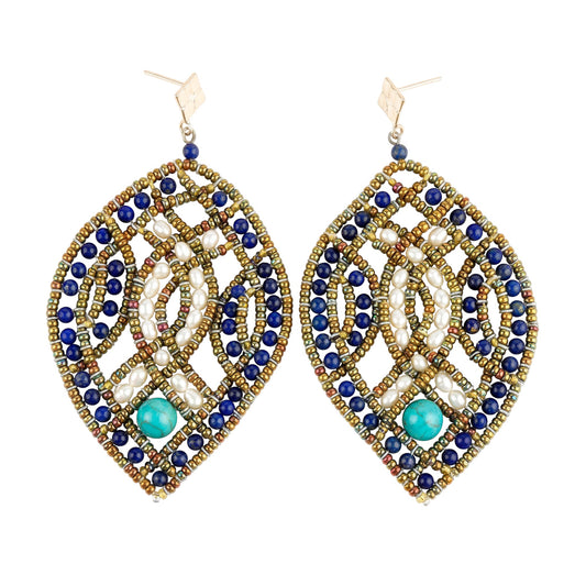 Trebor Style Ziio chandelier earrings featuring lapis, white pearls, and turquoise beads in a handcrafted lattice design.
