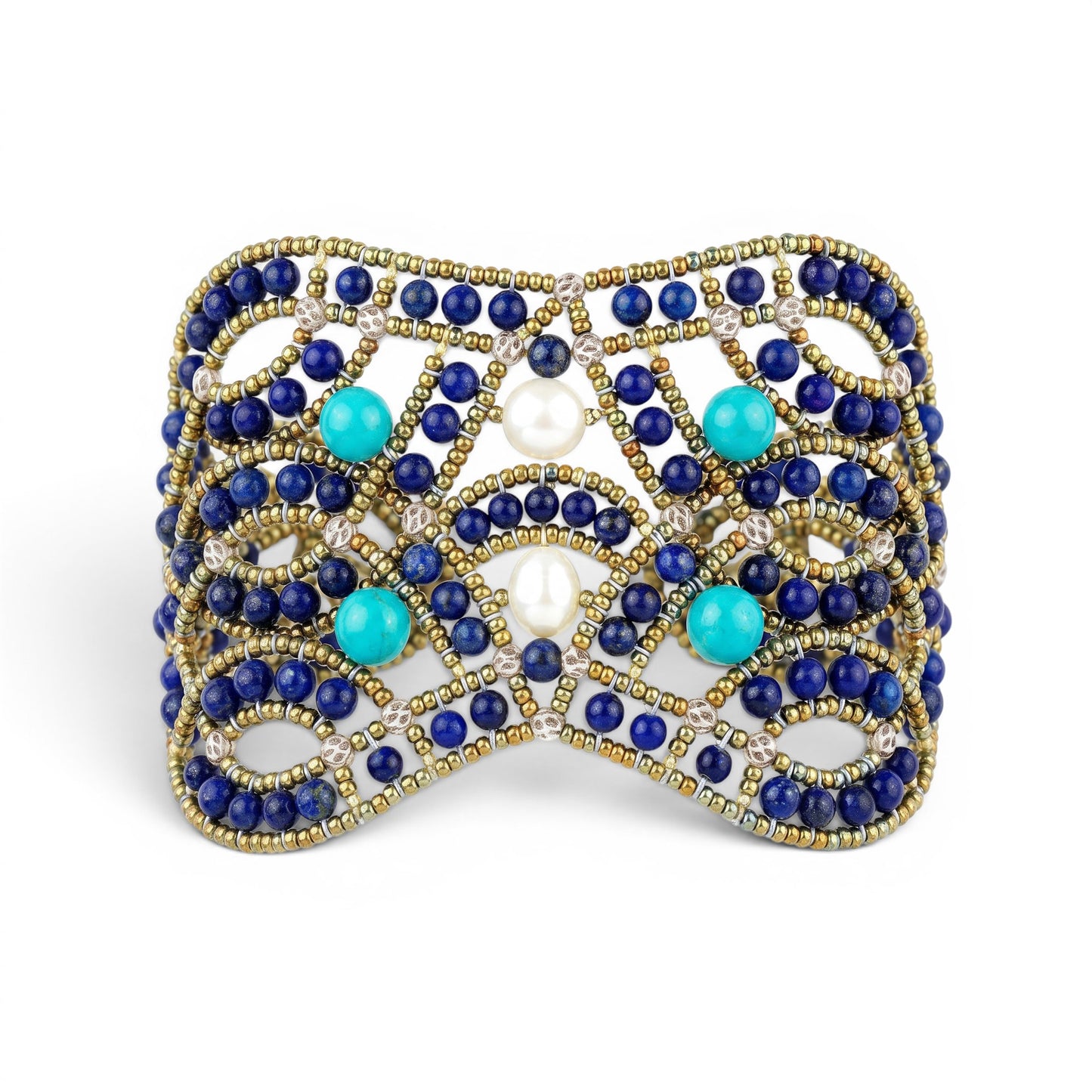 Trebor Style Ziio handcrafted cuff bracelet featuring blue lapis, turquoise beads, and white pearls in a lace net design.