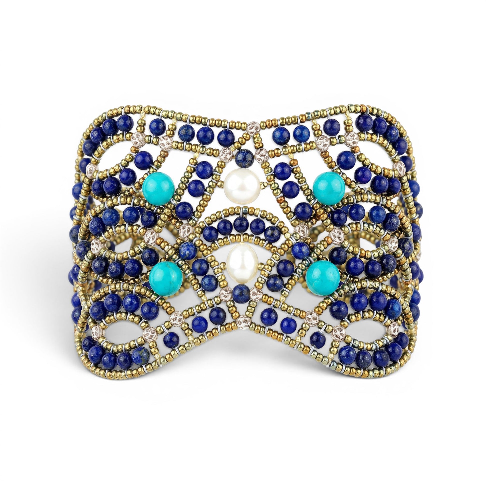 Trebor Style Ziio handcrafted cuff bracelet featuring blue lapis, turquoise beads, and white pearls in a lace net design.