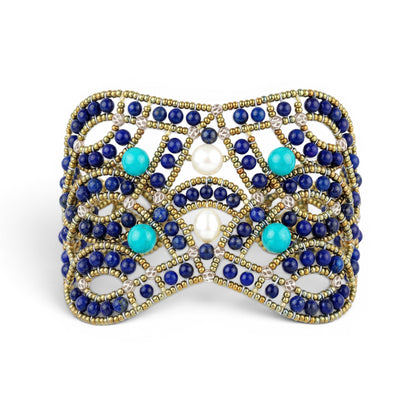 Trebor Style Ziio handcrafted cuff bracelet featuring blue lapis, turquoise beads, and white pearls in a lace net design.