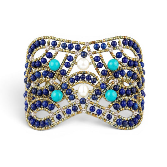 Trebor Style Ziio handcrafted cuff bracelet featuring blue lapis, turquoise beads, and white pearls in a lace net design.
