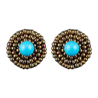 Trebor Style Ziio button earrings featuring a blue magnesite gemstone surrounded by golden Murano glass beads.