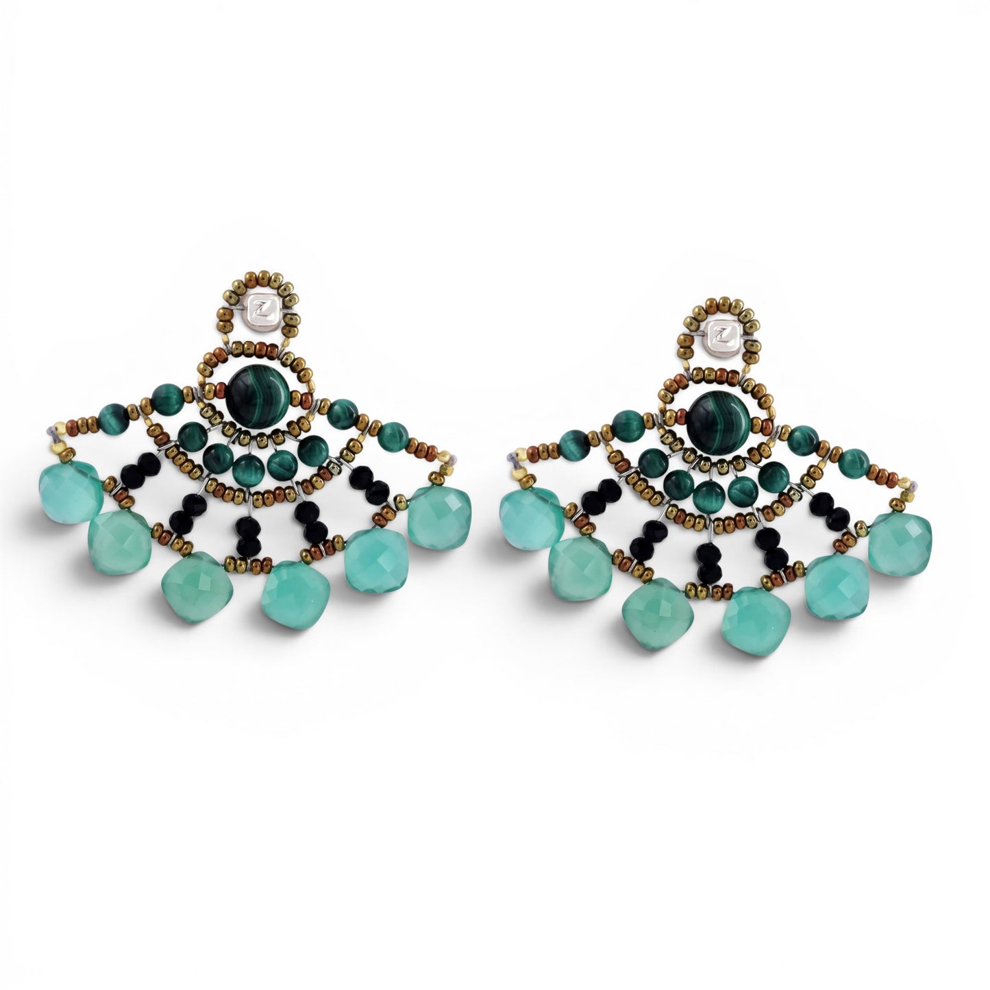 Trebor Style Ziio fan-shaped earrings featuring green malachite, green onyx, black spinel, and Murano glass seed beads.