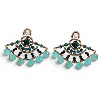 Trebor Style Ziio fan-shaped earrings featuring green malachite, green onyx, black spinel, and Murano glass seed beads.