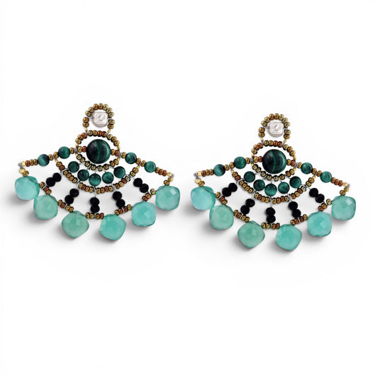 Trebor Style Ziio fan-shaped earrings featuring green malachite, green onyx, black spinel, and Murano glass seed beads.
