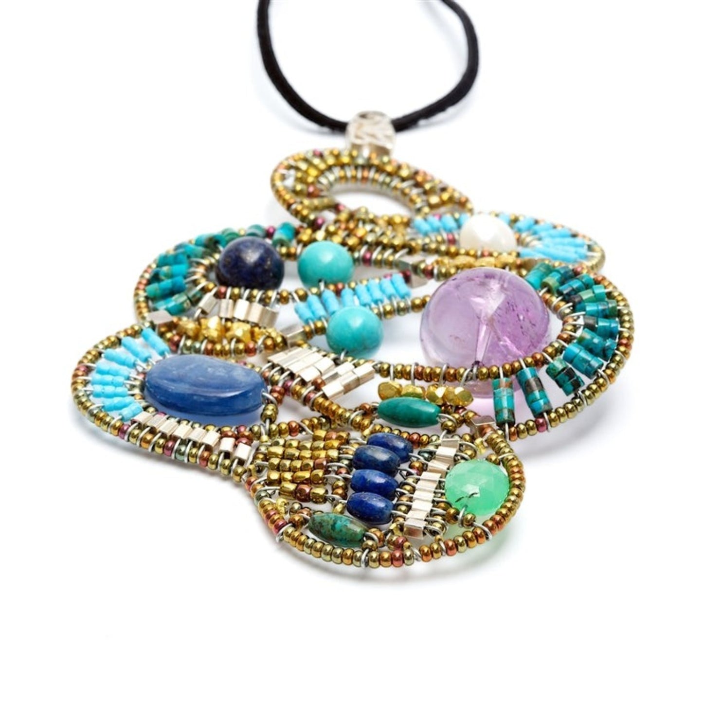 Trebor Style Ziio Mamba pendant necklace with turquoise, kyanite, lapis, amethyst, and Murano glass beads on silk cord