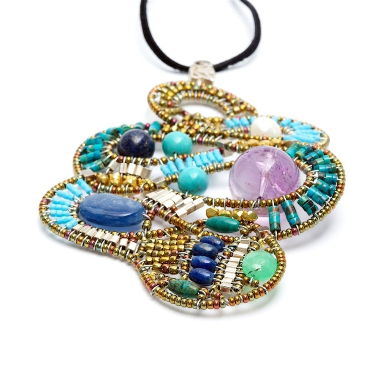 Trebor Style Ziio Mamba pendant necklace with turquoise, kyanite, lapis, amethyst, and Murano glass beads on silk cord
