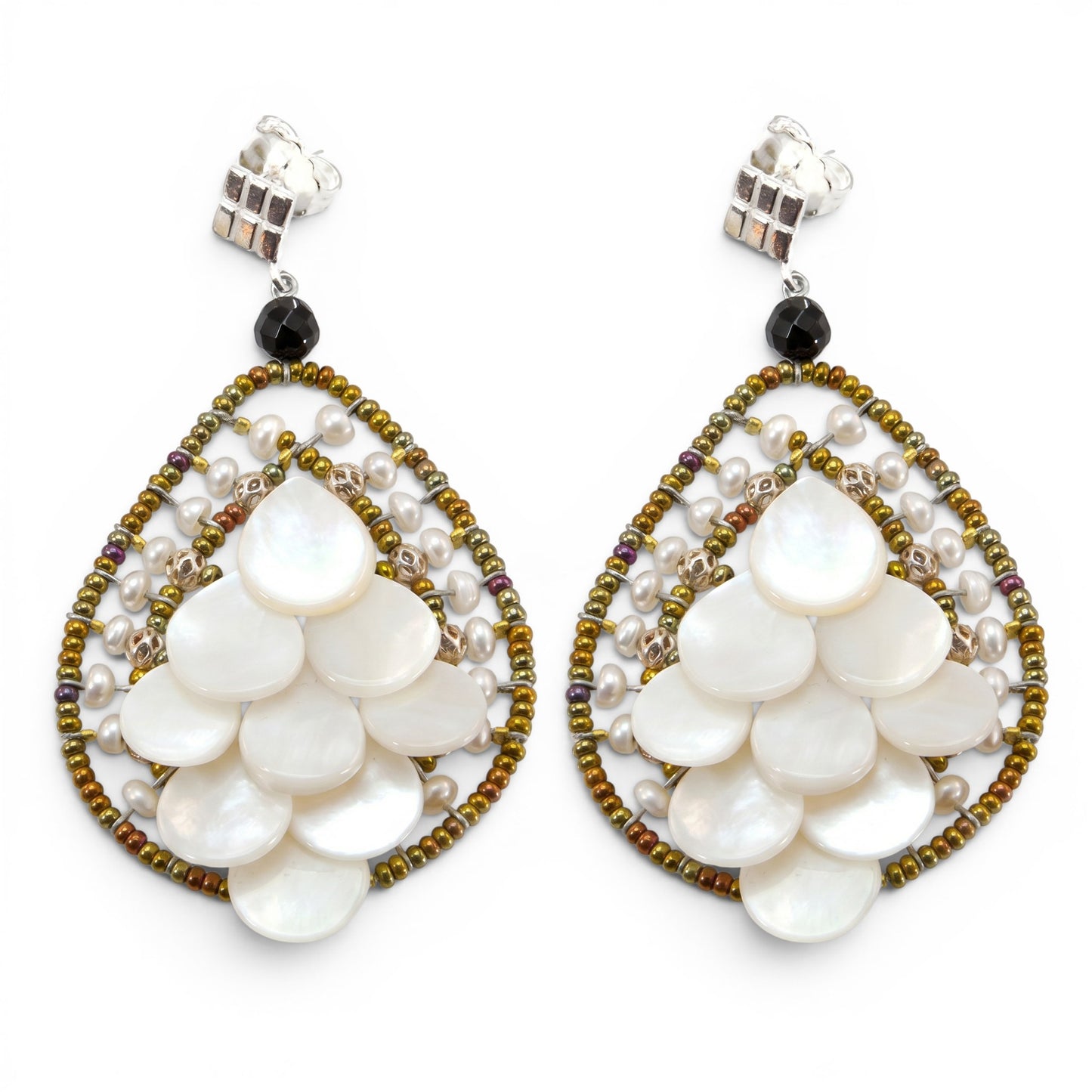 Trebor Style Ziio Mermaid chandelier earrings featuring white mother of pearl petals, freshwater pearls, and gold beads.