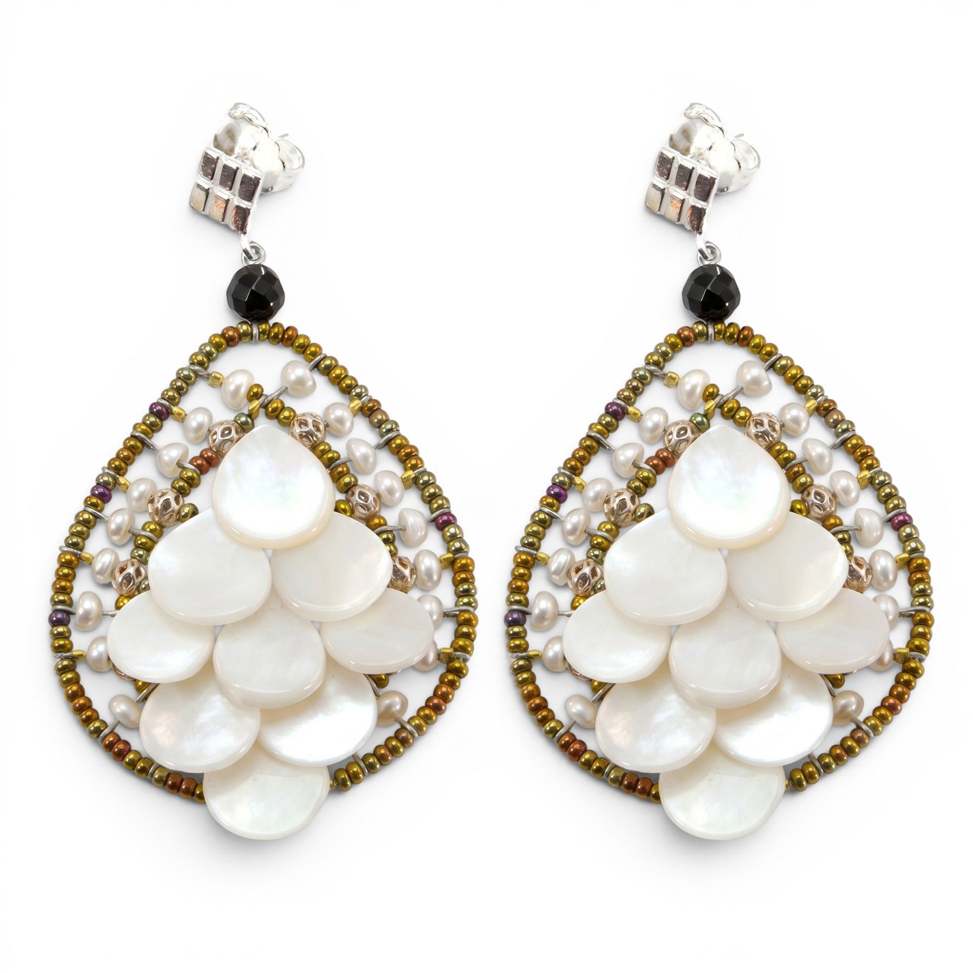 Trebor Style Ziio Mermaid chandelier earrings featuring white mother of pearl petals, freshwater pearls, and gold beads.