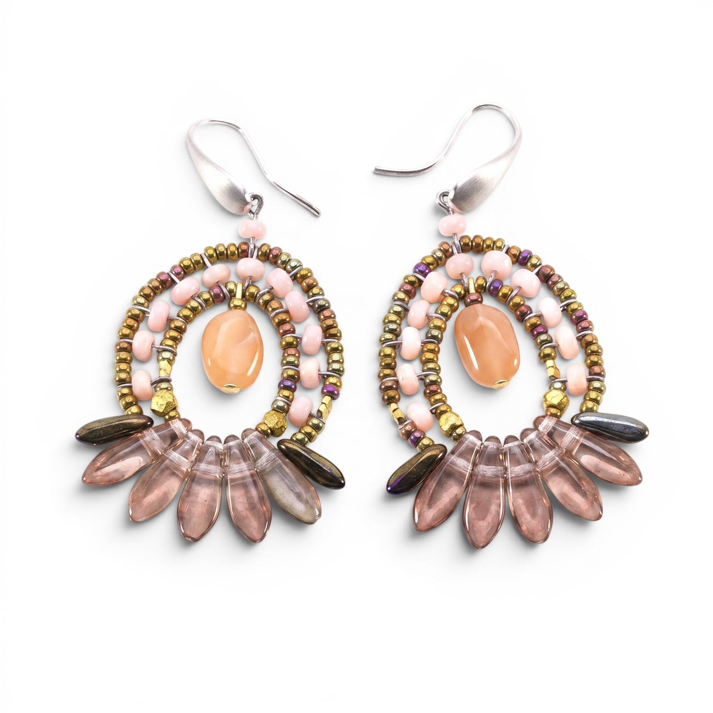 Trebor Style Ziio Mistinguett drop earrings featuring peach moonstone, pink coral, and gold bohemian glass beads.