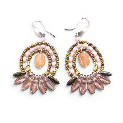 Trebor Style Ziio Mistinguett drop earrings featuring peach moonstone, pink coral, and gold bohemian glass beads.