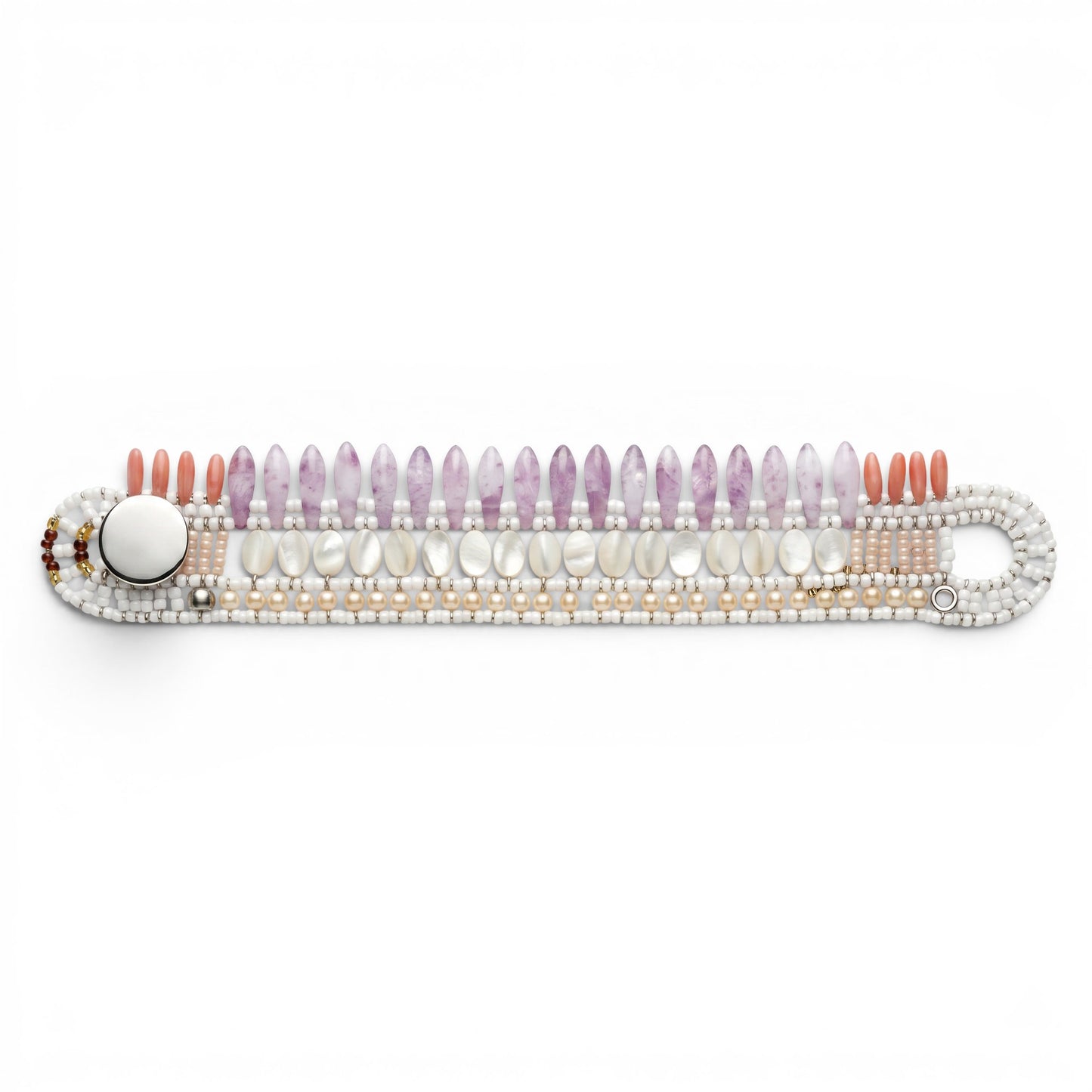 Trebor Style Ziio Mistinguett cuff bracelet featuring white mother of pearl, pink Bohemian glass, and sterling silver.