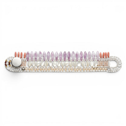 Trebor Style Ziio Mistinguett cuff bracelet featuring white mother of pearl, pink Bohemian glass, and sterling silver.
