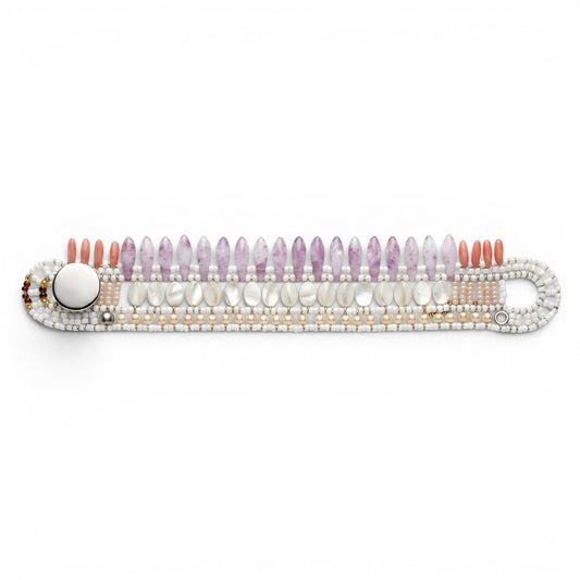 Trebor Style Ziio Mistinguett cuff bracelet featuring white mother of pearl, pink Bohemian glass, and sterling silver.