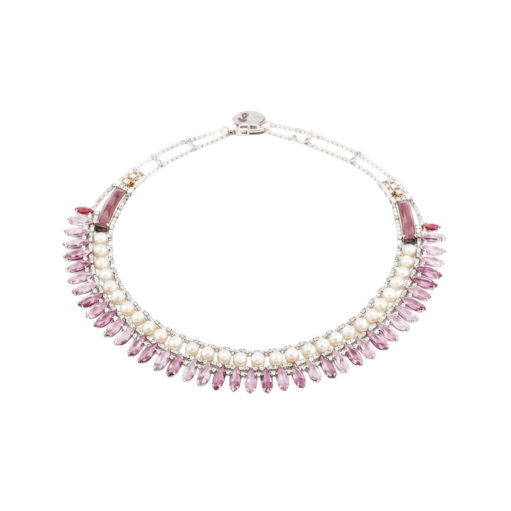 Trebor Style Ziio Mistinguett necklace featuring mother of pearl, pink bohemian glass, and sterling silver button clasp.