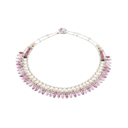 Trebor Style Ziio Mistinguett necklace featuring mother of pearl, pink bohemian glass, and sterling silver button clasp.
