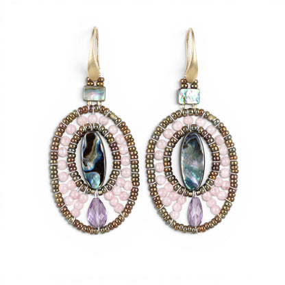 Trebor Style Ziio Moonlight oval drop earrings featuring abalone, pink stones, amethyst, and Murano glass beads.