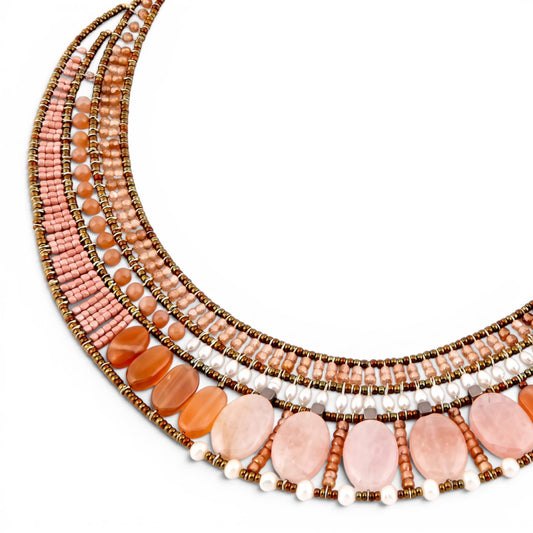 Trebor Style Ziio statement necklace featuring pink morganite, moonstone, orange zircon, and pearls on Murano glass beads