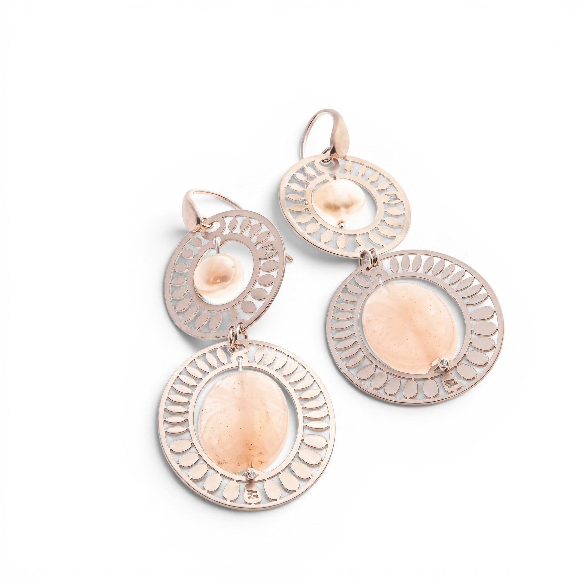 Trebor Style Ziio long drop earrings featuring pale pink morganite and white pearls in gold-plated sterling silver.