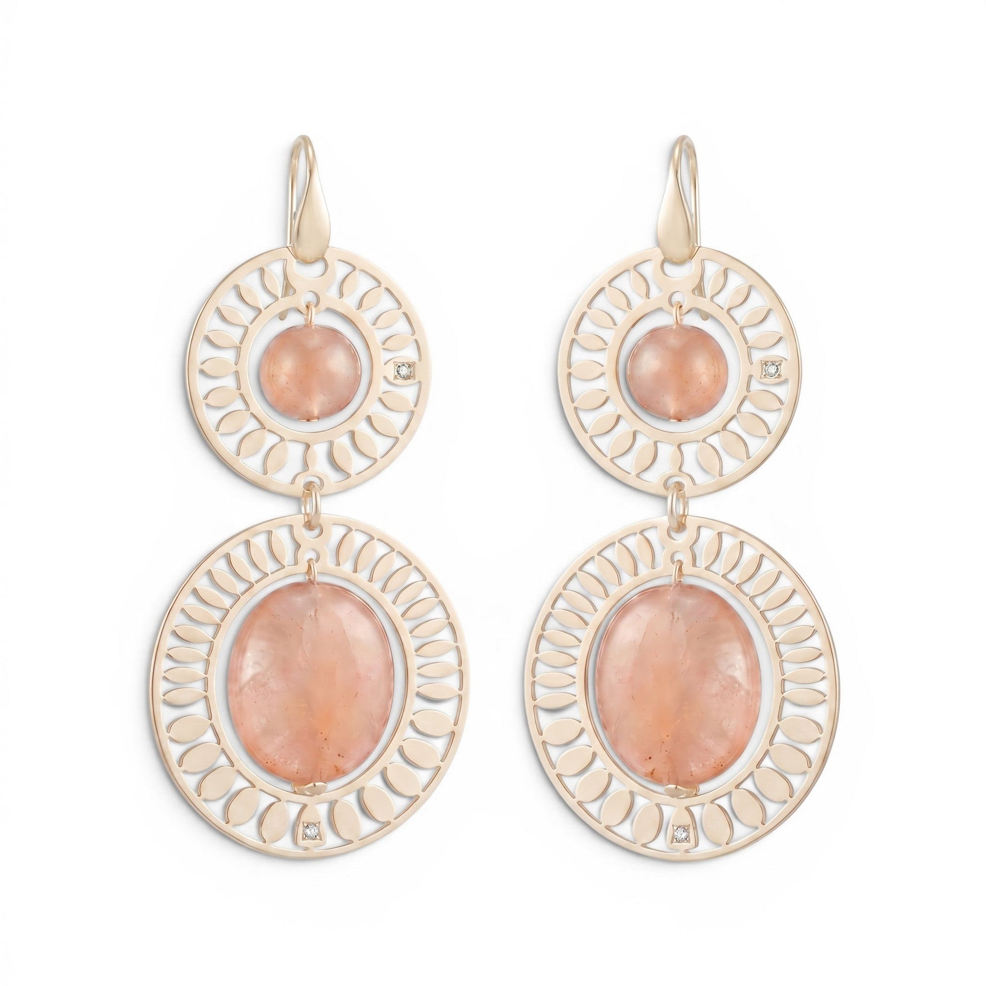 Trebor Style Ziio long Oasis drop earrings featuring pale pink Morganite gemstones in gold-plated sterling silver.