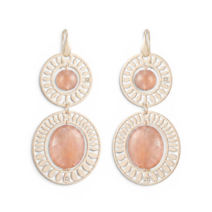 Trebor Style Ziio long Oasis drop earrings featuring pale pink Morganite gemstones in gold-plated sterling silver.