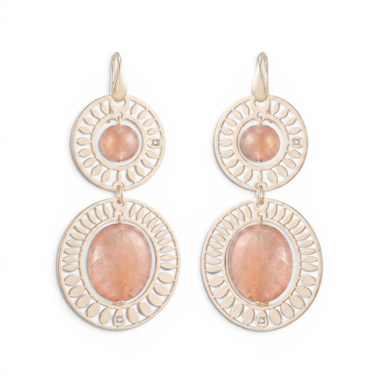 Trebor Style Ziio long Oasis drop earrings featuring pale pink Morganite gemstones in gold-plated sterling silver.