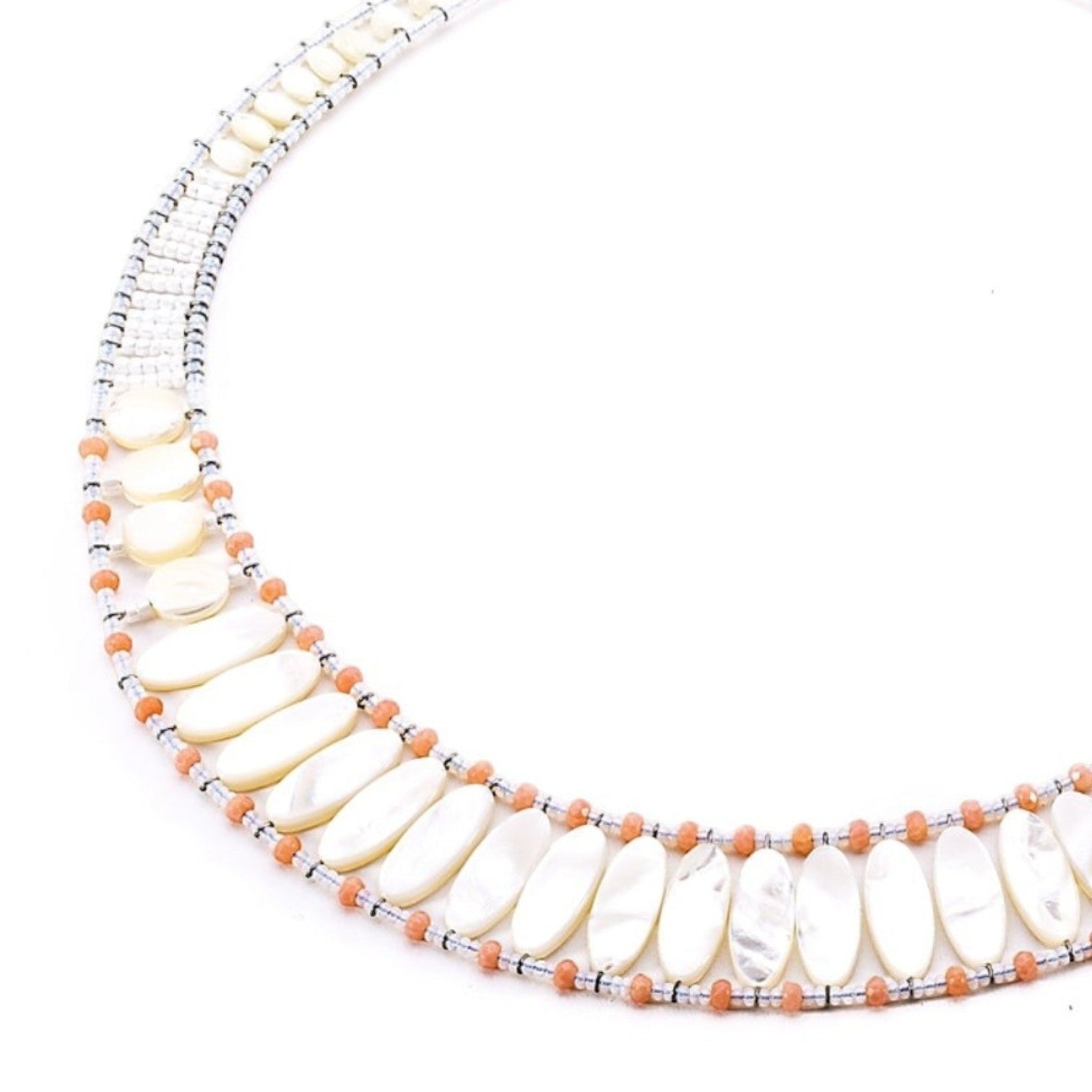 Trebor Style Ziio handcrafted necklace with white mother of pearl, pink coral beads, and Murano glass on silver wire.