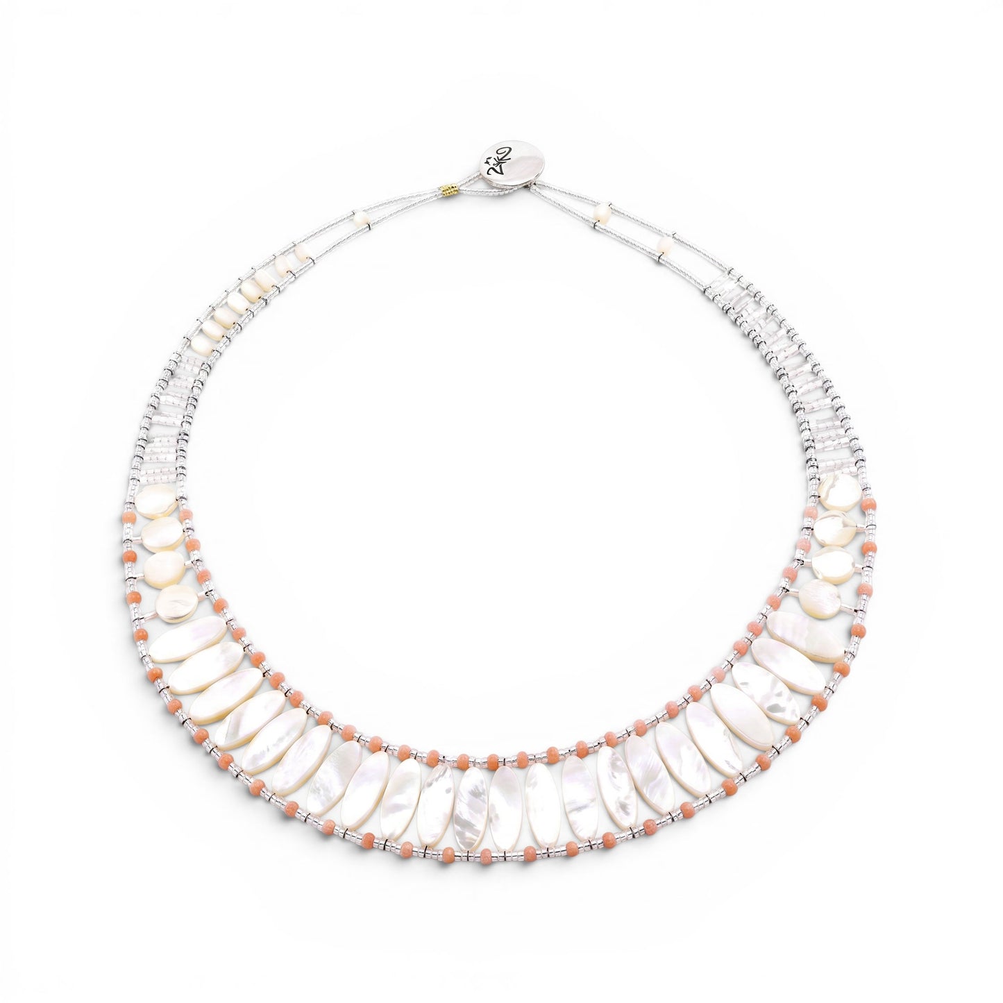Trebor Style Ziio handcrafted necklace with white mother of pearl, pink coral beads, and sterling silver button clasp.